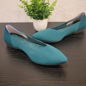 ROTHY'S Point Ballet Flat dark emerald green with silver and blue.